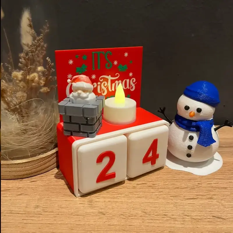 Custom 3D printed advent calendar with Santa peeking from chimney, LED candle, and snowman on red base with numbers 2 and 4