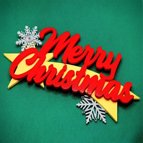 Set of glossy red 3D printed "Merry Christmas" letters with snowflake decorations and gold star base