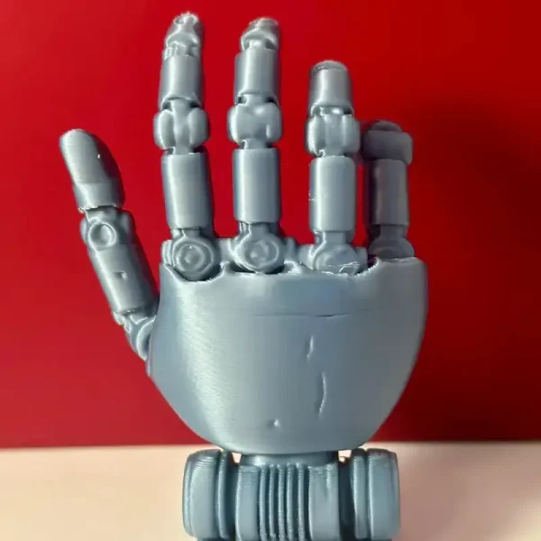 Close-up view of robotic hand sculpture highlighting advanced 3D printing quality and customization options