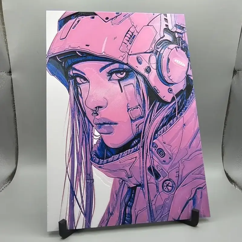 Custom 3D printed cyber-punk character sculpture showing detailed mechanical features and vibrant colors