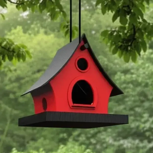 Detailed view of 3D printed birdhouse with circular entrance and sloping roof, ideal for B2B garden product collections