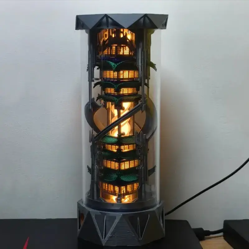 Detailed view of 3D printed cyberpunk marble run sculpture showing intricate tracks and neon glow effects