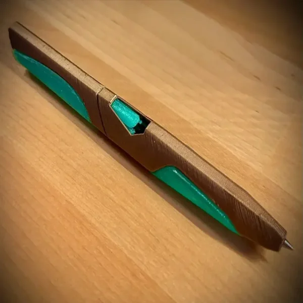 Close-up view of futuristic 3D printed pen highlighting ergonomic grip and customization options for B2B clients