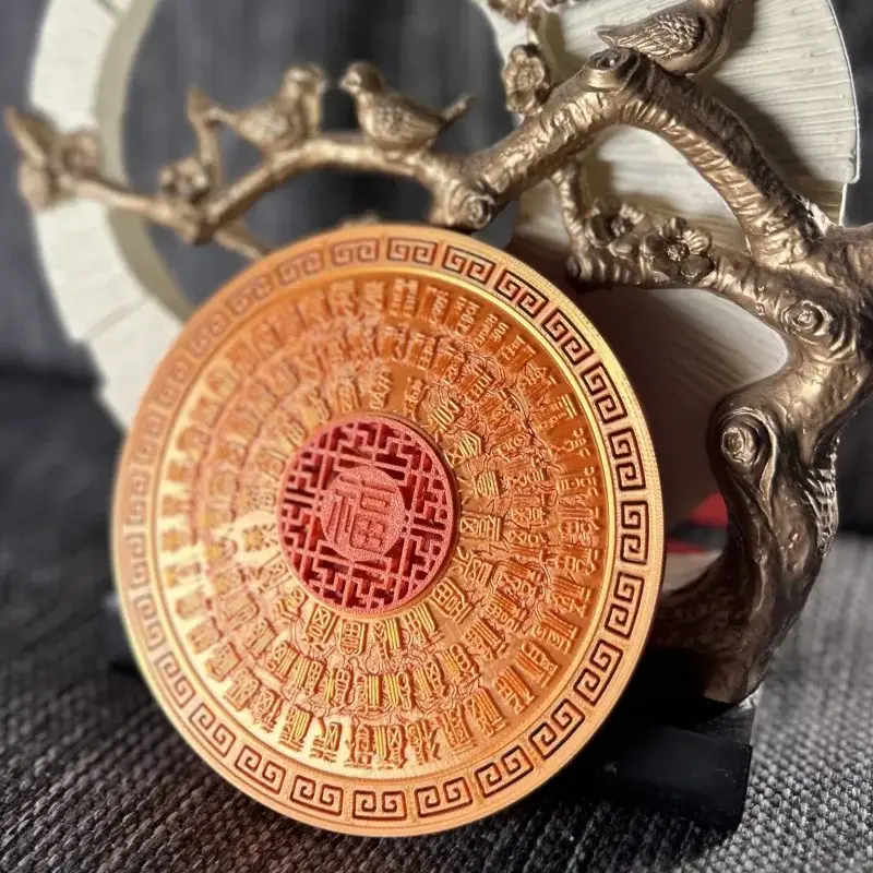 Heirloom 3D printed golden fortune plaque featuring Chinese blessing characters like 福, 發, and 財, displayed with decorative branches