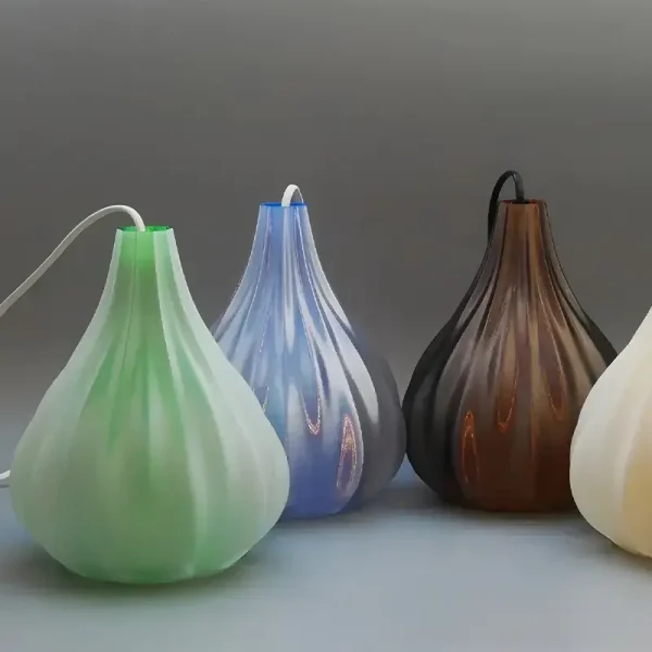 creatively designed 3D printed light bulb shades that can be customized for B2B clients, shown in a commercial setting