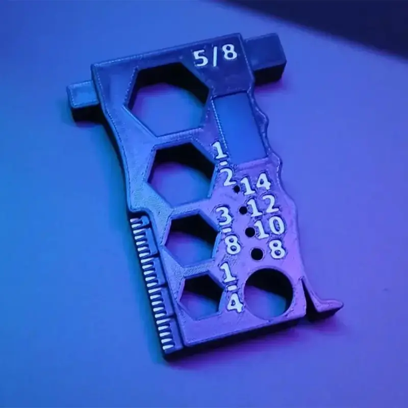 3D printed precision socket sizing tool showing fractional (5/8) and metric (1-22) size gradations on blue background