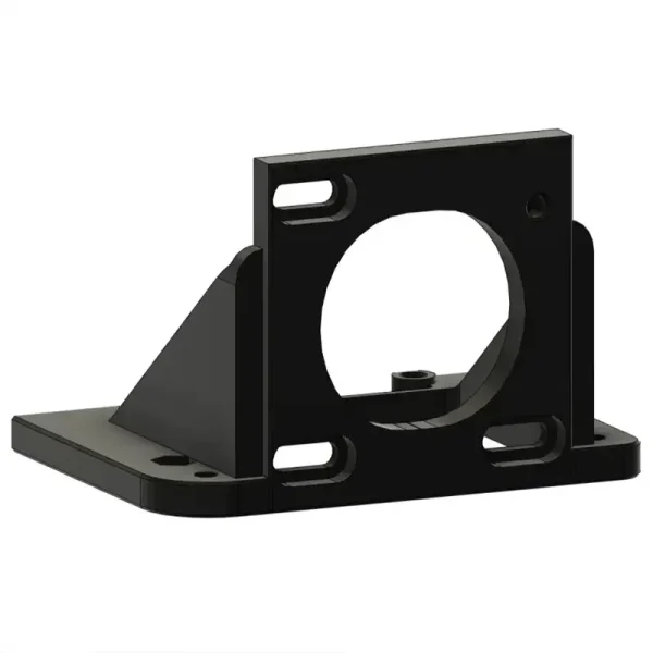 Black L-shaped motor mounting bracket with mounting holes on white background