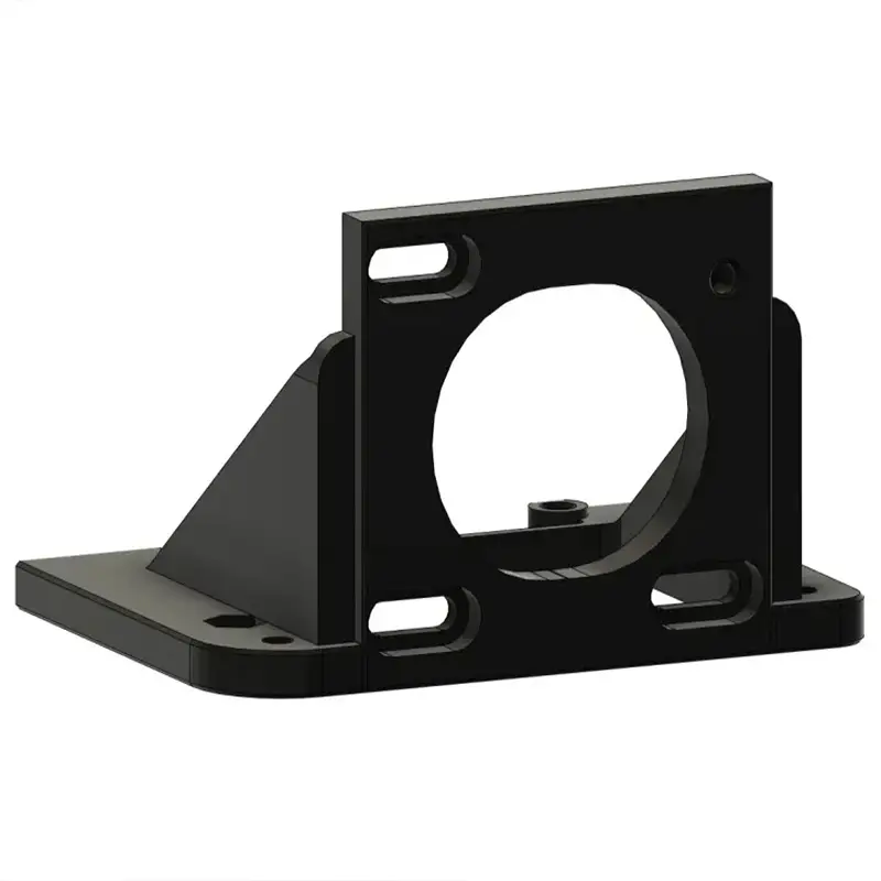 Black L-shaped motor mounting bracket with mounting holes on white background