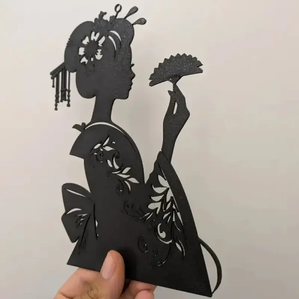 Custom 3D printed geisha silhouette sculpture showcasing traditional Japanese details for B2B clients