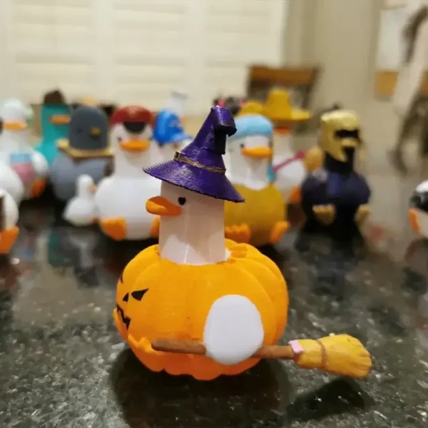 3D printed pumpkin goose wizard statue with detailed feathers and wizard hat, perfect for Halloween decor and B2B clients