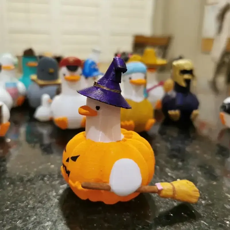 3D printed pumpkin goose wizard statue with detailed feathers and wizard hat, perfect for Halloween decor and B2B clients