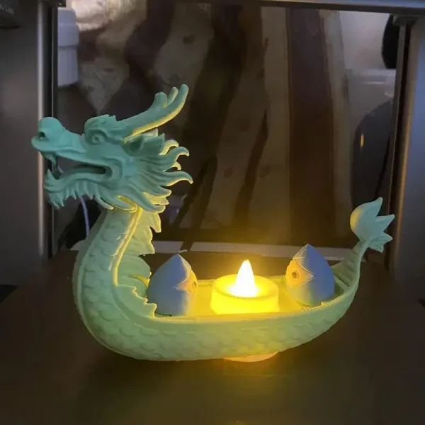 Close-up view of custom 3D printed dragon boat lamp base showing intricate patterns and elegant lighting for commercial spaces