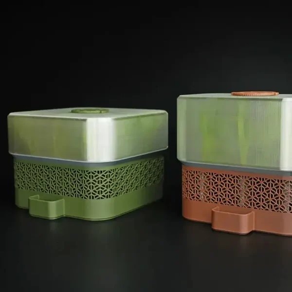 Close-up of modular seed starter system showing detailed cell structure and healthy seedling growth