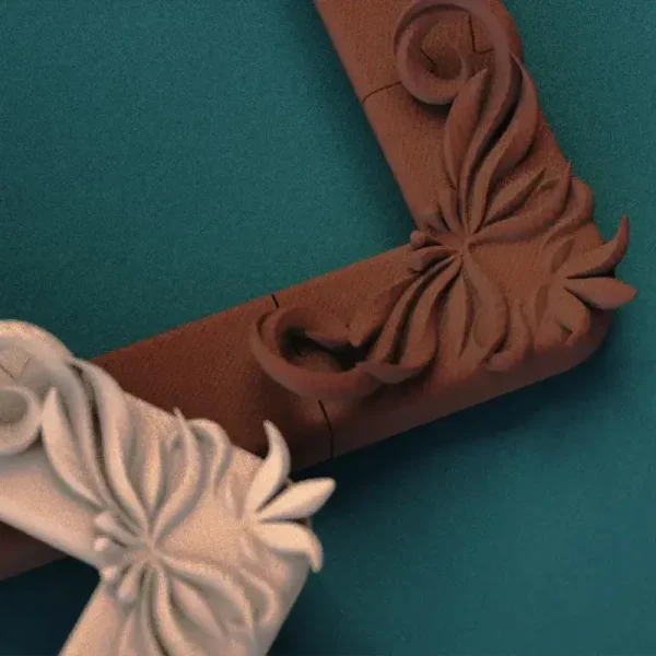 Detailed view of 3D printed academic frame showing Baroque scrollwork and date engraving