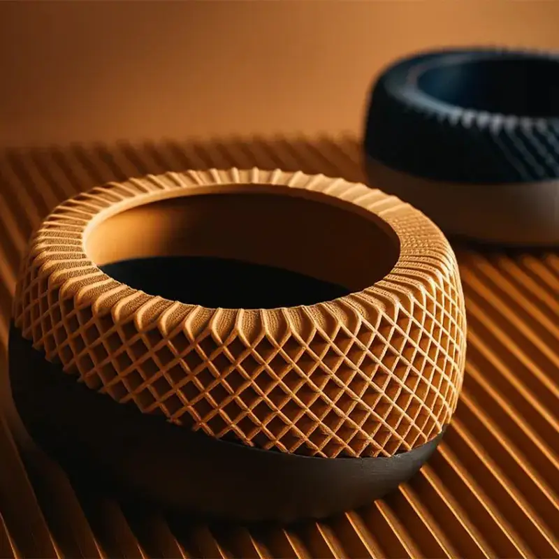 Artisanal 3D printed coaster holder with precise grid texture in warm brown and black, shown against striped background