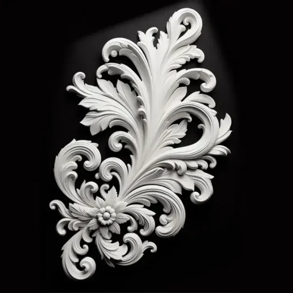 White 3D printed Baroque architectural medallion featuring detailed scrollwork and floral patterns