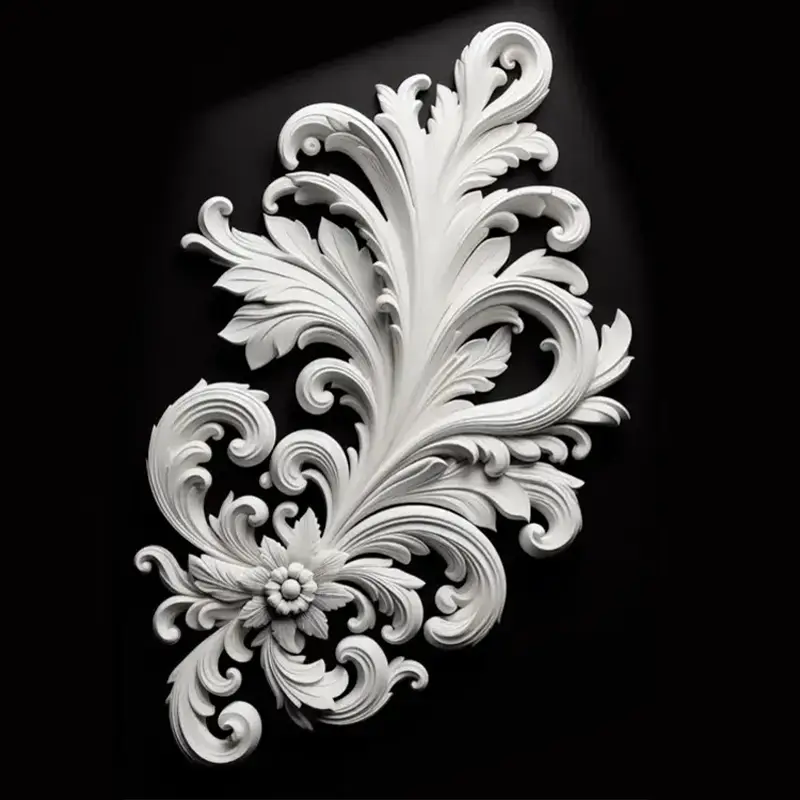 White 3D printed Baroque architectural medallion featuring detailed scrollwork and floral patterns