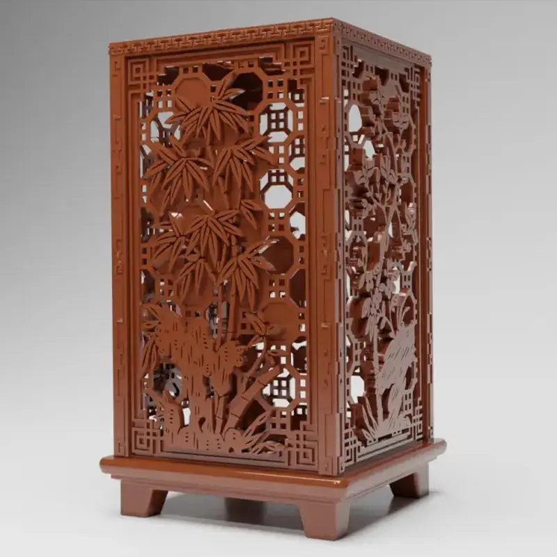 Artisanal 3D printed Chinese incense burner with intricate bamboo patterns and warm brown finish for B2B clients