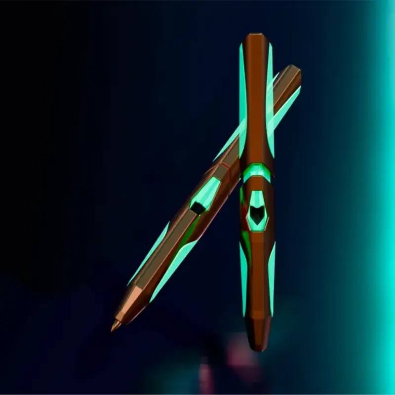 3D printed pen with matte bronze finish and translucent teal accents, showcasing geometric design against dark background