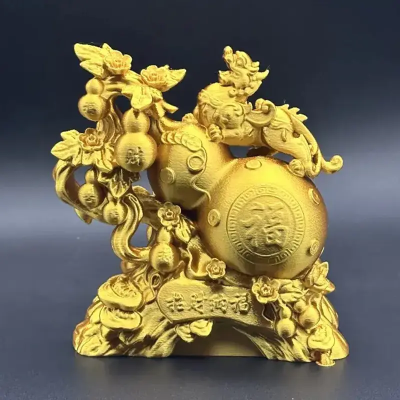 Golden 3D printed Pixiu gourd sculpture with dual gourds, floral vines, and Chinese fortune characters on dark background