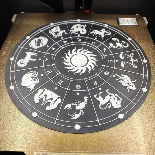 Circular 3D printed Chinese zodiac ornament featuring all 12 animal signs and a sun motif, displayed on a golden background for B2B clients