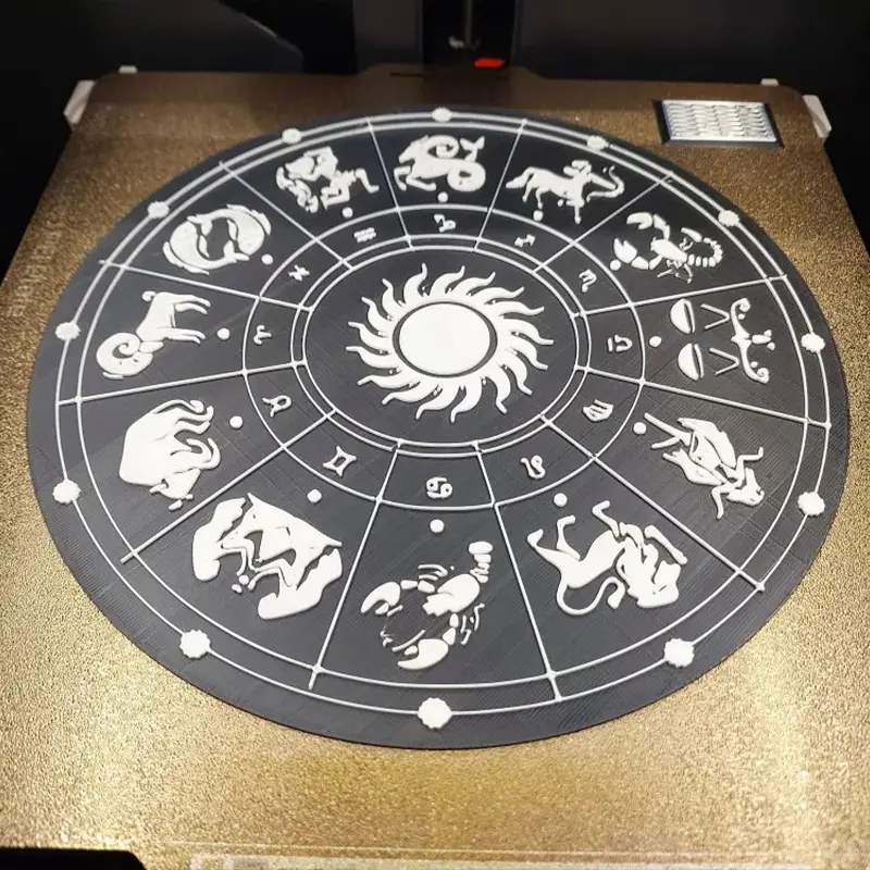 Circular 3D printed Chinese zodiac ornament featuring all 12 animal signs and a sun motif, displayed on a golden background for B2B clients