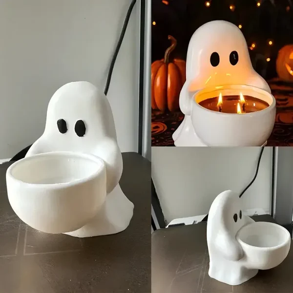 Ethereal white 3D printed ghost candle holder with black dot eyes, shown on dark surface in natural light for B2B clients