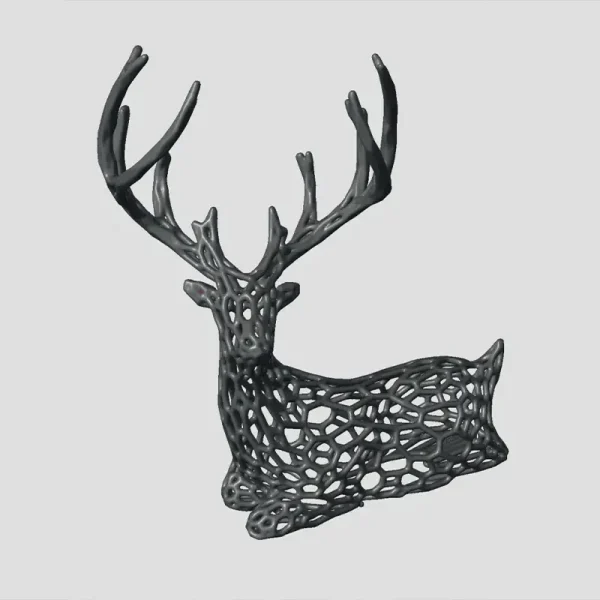 Close-up view of minimalist reindeer ornament featuring precise geometric patterns and matte black finish