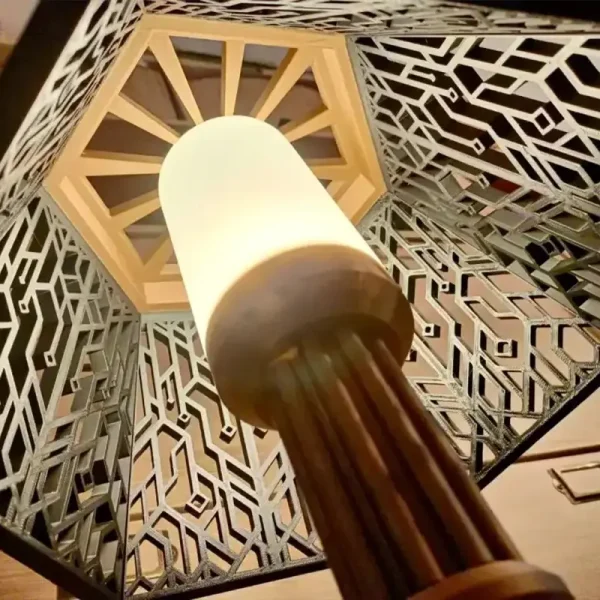 Detailed view of 3D printed geometric grid-desk lamp showing precise pattern and modern design