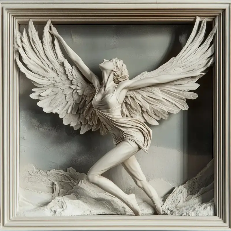 White 3D printed celestial angel relief showing intricate wing details and flowing robes