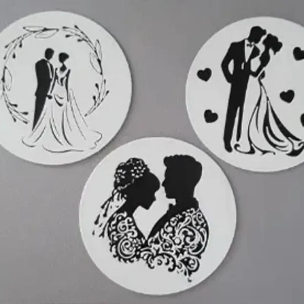 Set of three 3D printed wedding coasters showing couple designs under wreath, with hearts, and bridal silhouette