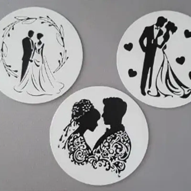 Set of three 3D printed wedding coasters showing couple designs under wreath, with hearts, and bridal silhouette