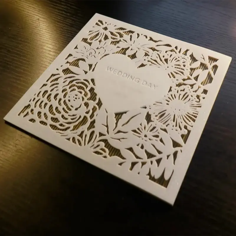 3D printed square wedding invite featuring central heart design with "WEDDING DAY" text and intricate floral patterns