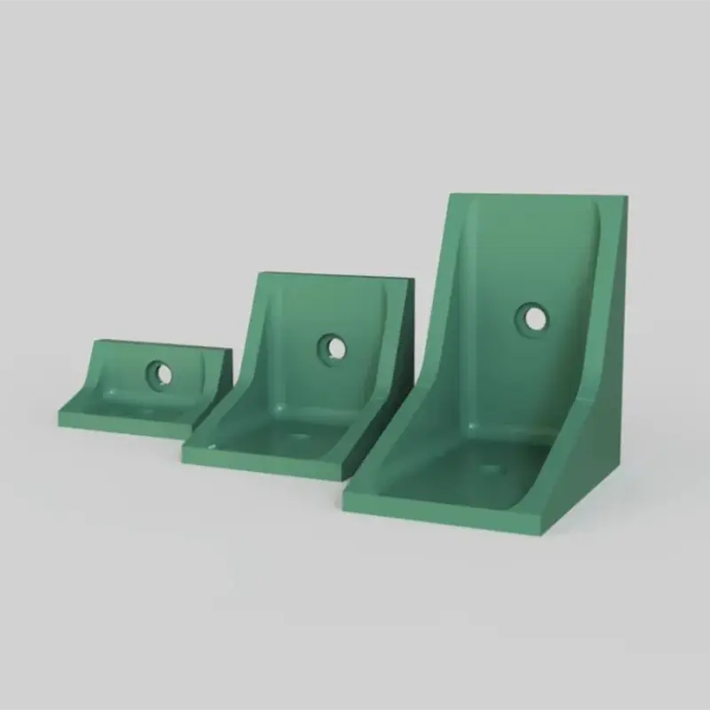 Set of three green 3D printed structural corner supports in graduated sizes on light gray background
