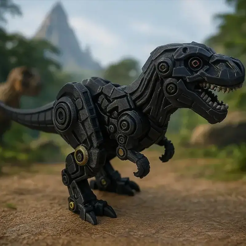 Custom 3D printed cyber dinosaur sculpture showing detailed mechanical components and glowing red eyes for B2B clients