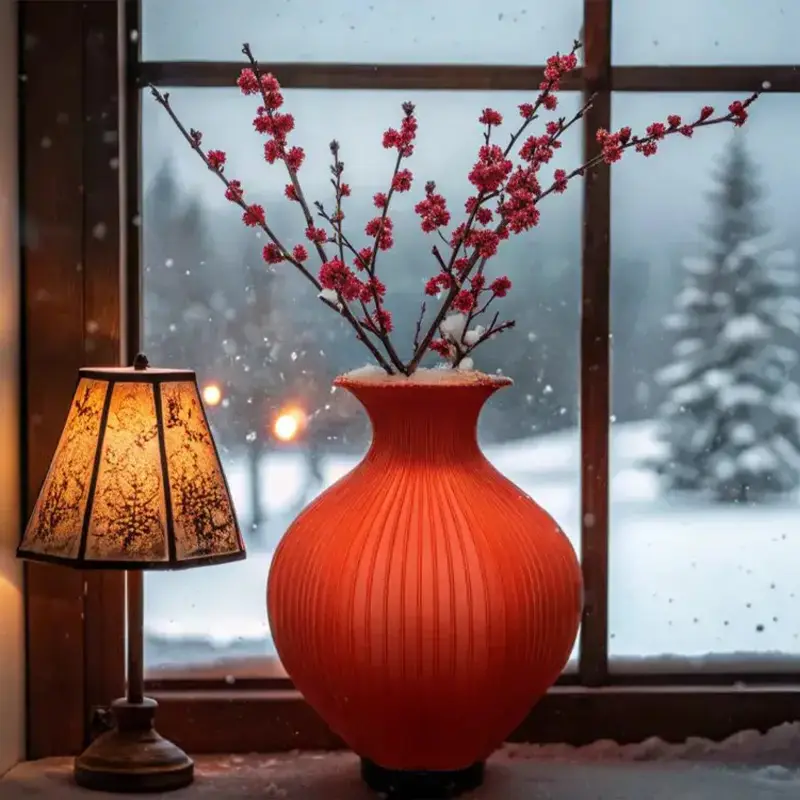Vibrant orange-red 3D printed vase with striped textures, holding pink plum blossoms and snow accents, on a snowy windowsill with warm lighting