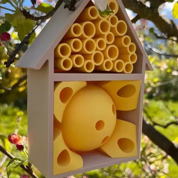 Close-up of bespoke 3D printed insect hotel highlighting intricate compartments and sustainable materials for commercial use