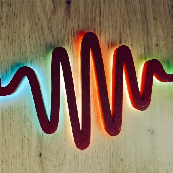Close-up of flexible wave-form LED light strips showing detailed construction and color options for B2B applications