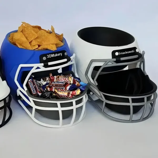 Detailed view of blue helmet snack bowl showing Smurfs characters and dual compartments for B2B clients