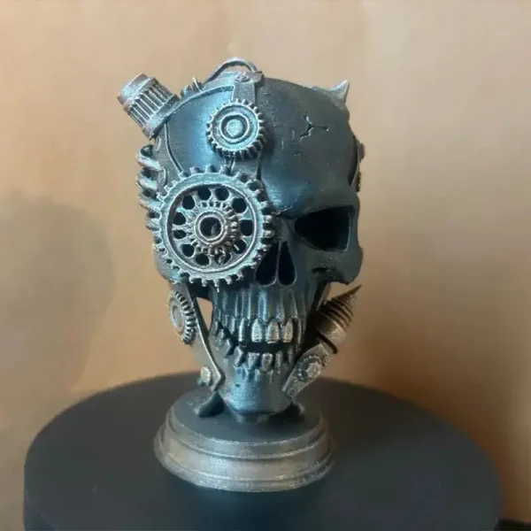 Full view of a custom 3D printed cybernetic skull sculpture, ideal for B2B clients seeking unique office decor