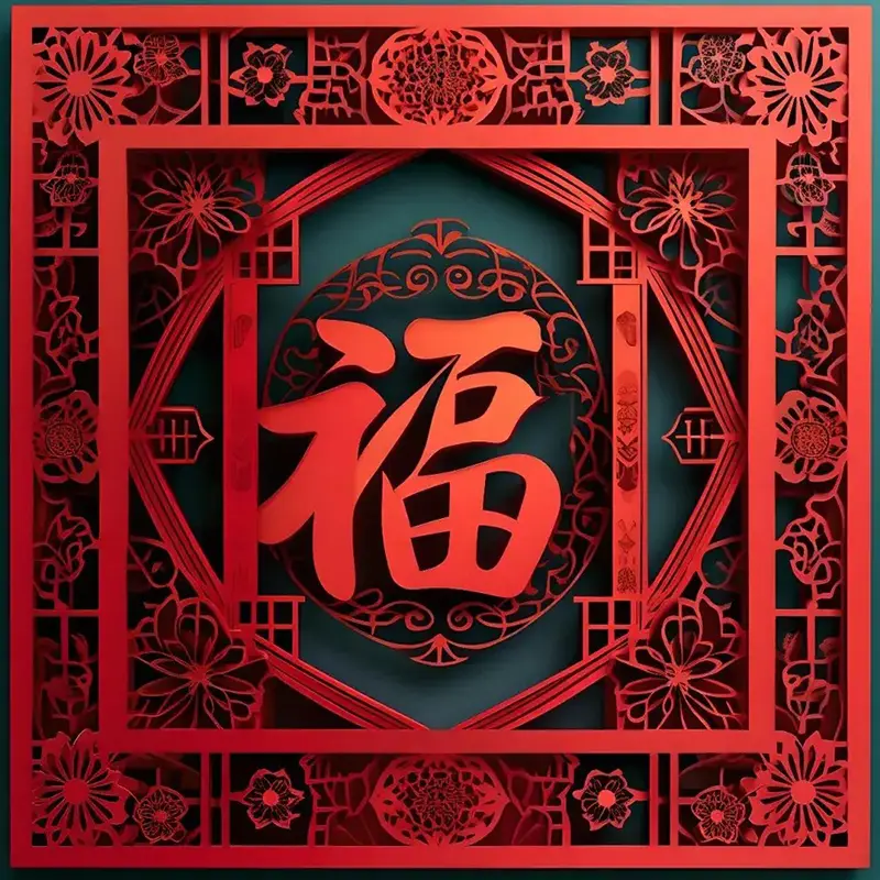 Close-up view of a red 3D printed Fu character relief with intricate Chinese patterns, showcasing cultural symbolism for B2B clients