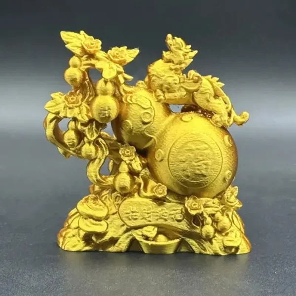 Close-up view of luxury 3D printed sculpture showing Pixiu creature, engraved "福" character, and intricate vine details for B2B clients