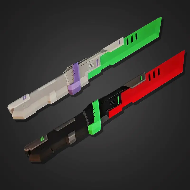 3D printed Cyber Wind Blade model showing green, white and purple color scheme with illumination effects
